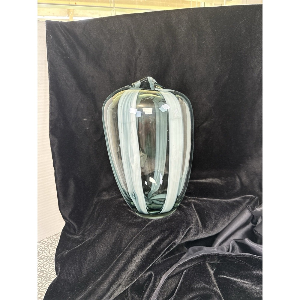 Vtg. MCM Scandinavian Style 9" Ovoid Shaped Hand Blown Smokey W/Striped Pattern